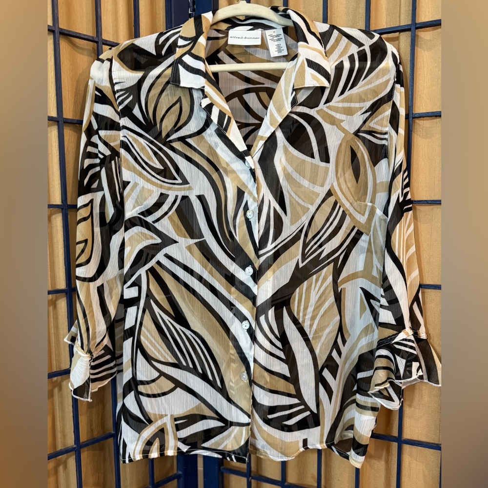 Alfred Dunner Abstract Print Sheer Blouse Size 12 Neutral